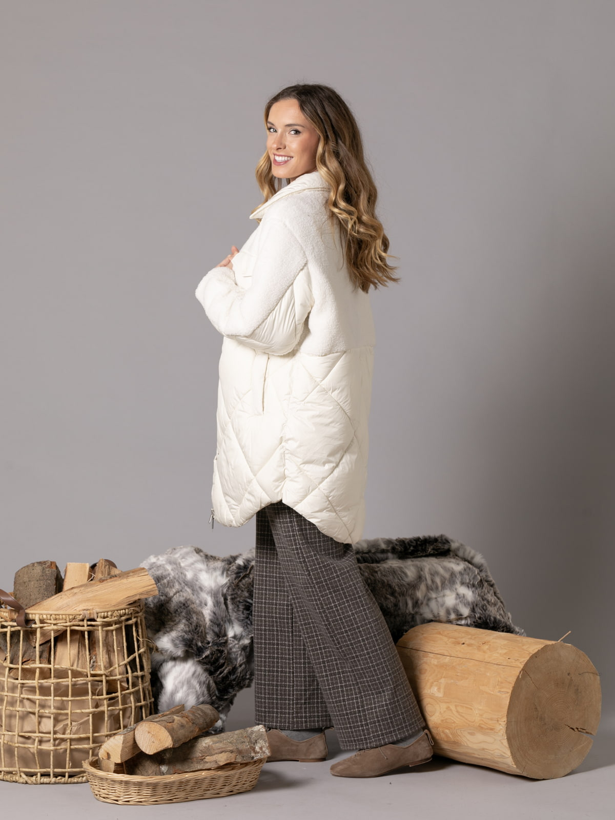 Padded hem teddy coat with pocket detail  Crudecolour