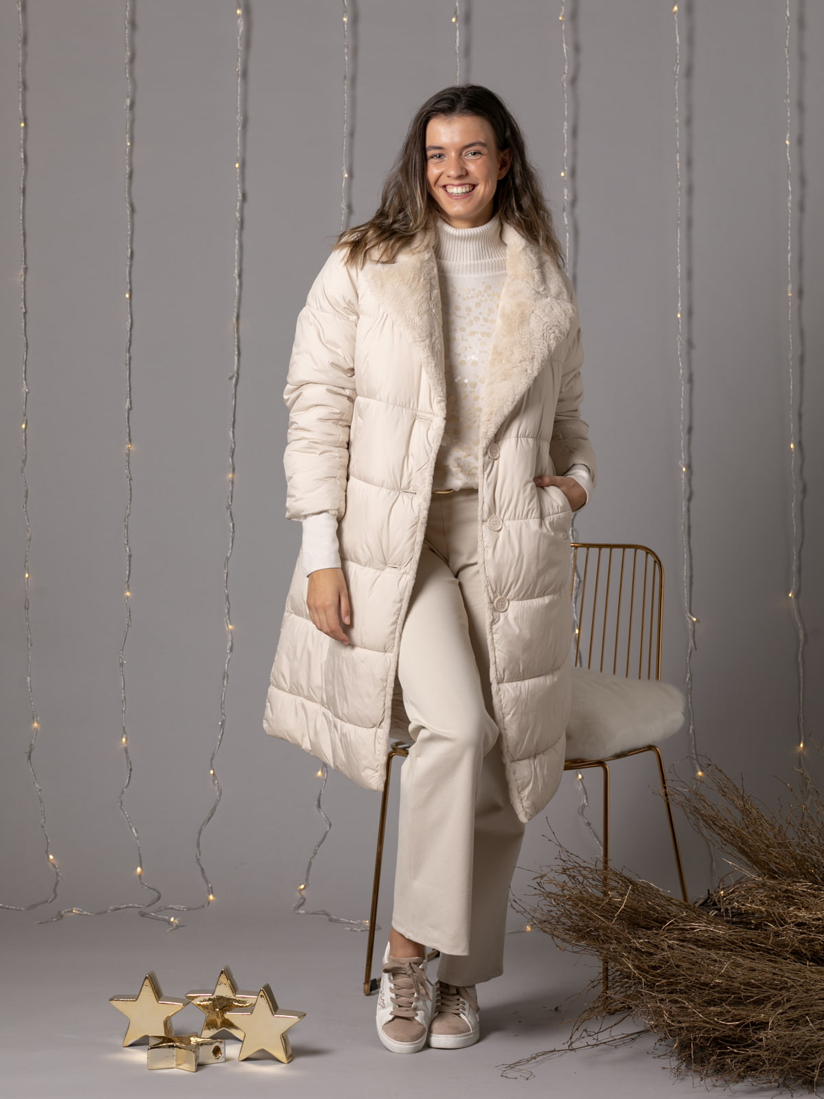 Reversible soft high textile fur padded coat  Beige colour