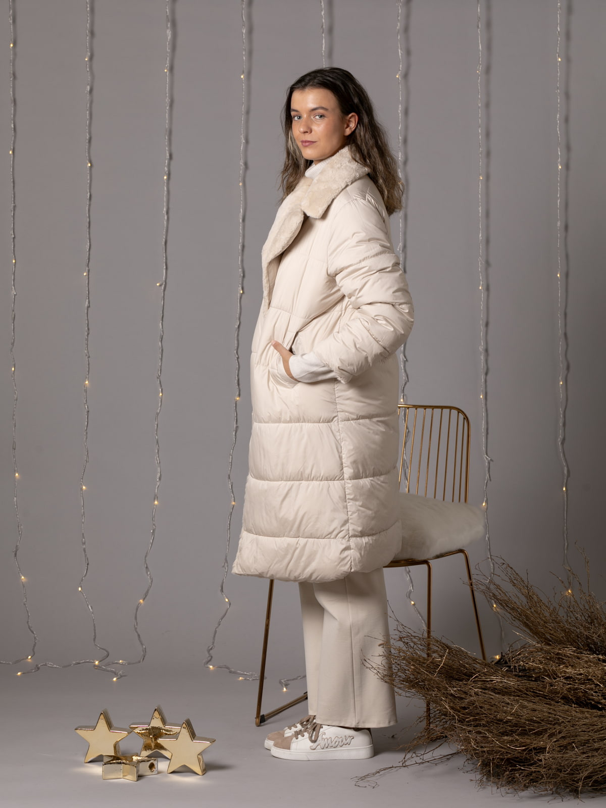 Reversible soft high textile fur padded coat  Beige colour