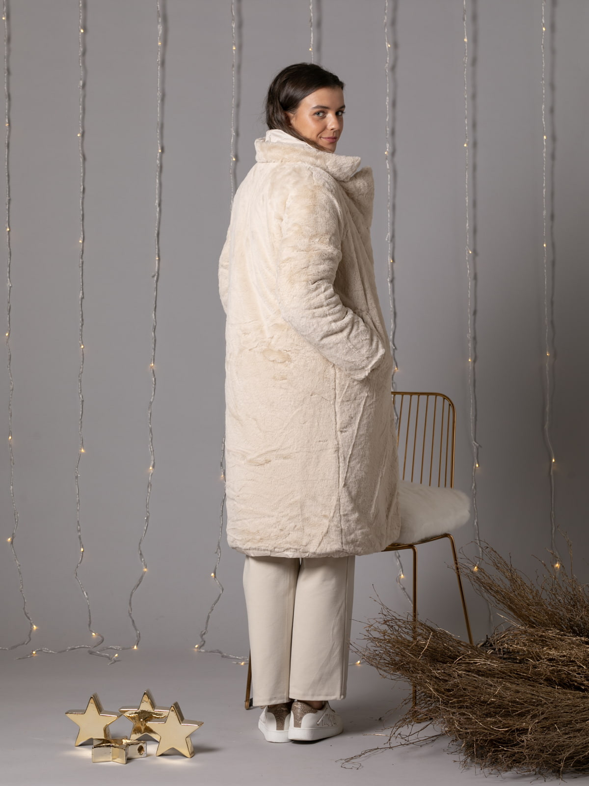 Reversible soft high textile fur padded coat  Beige colour