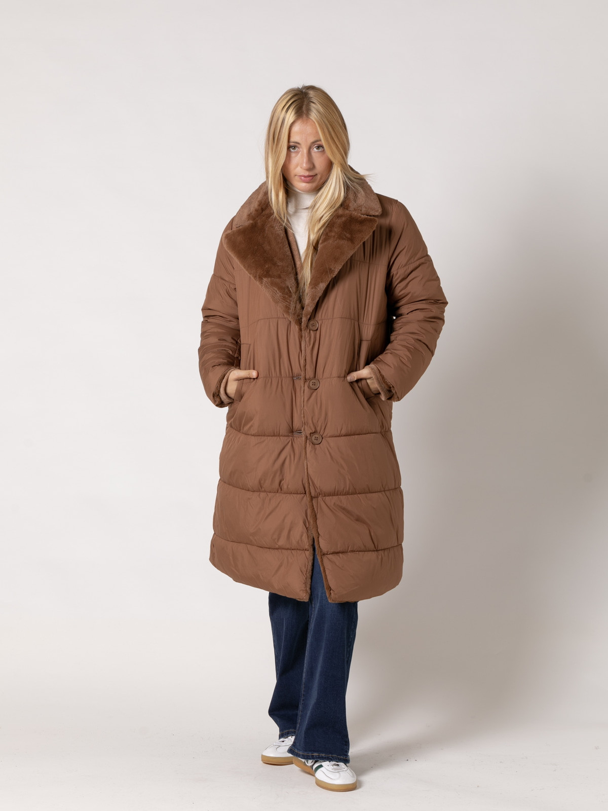 Reversible soft high textile fur padded coat  avellana colour