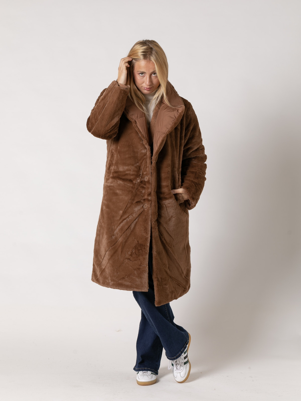 Reversible soft high textile fur padded coat  avellana colour