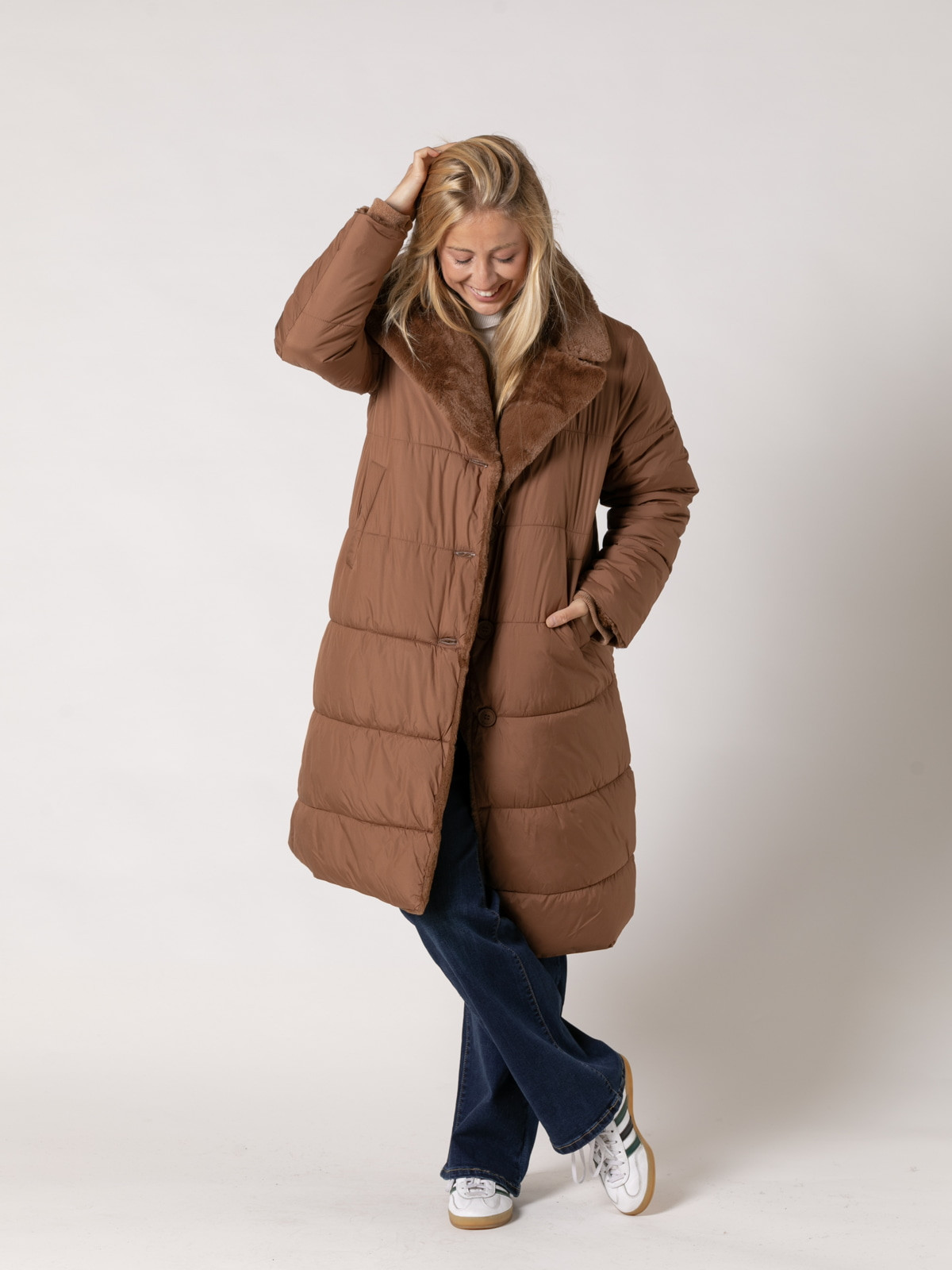 Reversible soft high textile fur padded coat  avellana colour