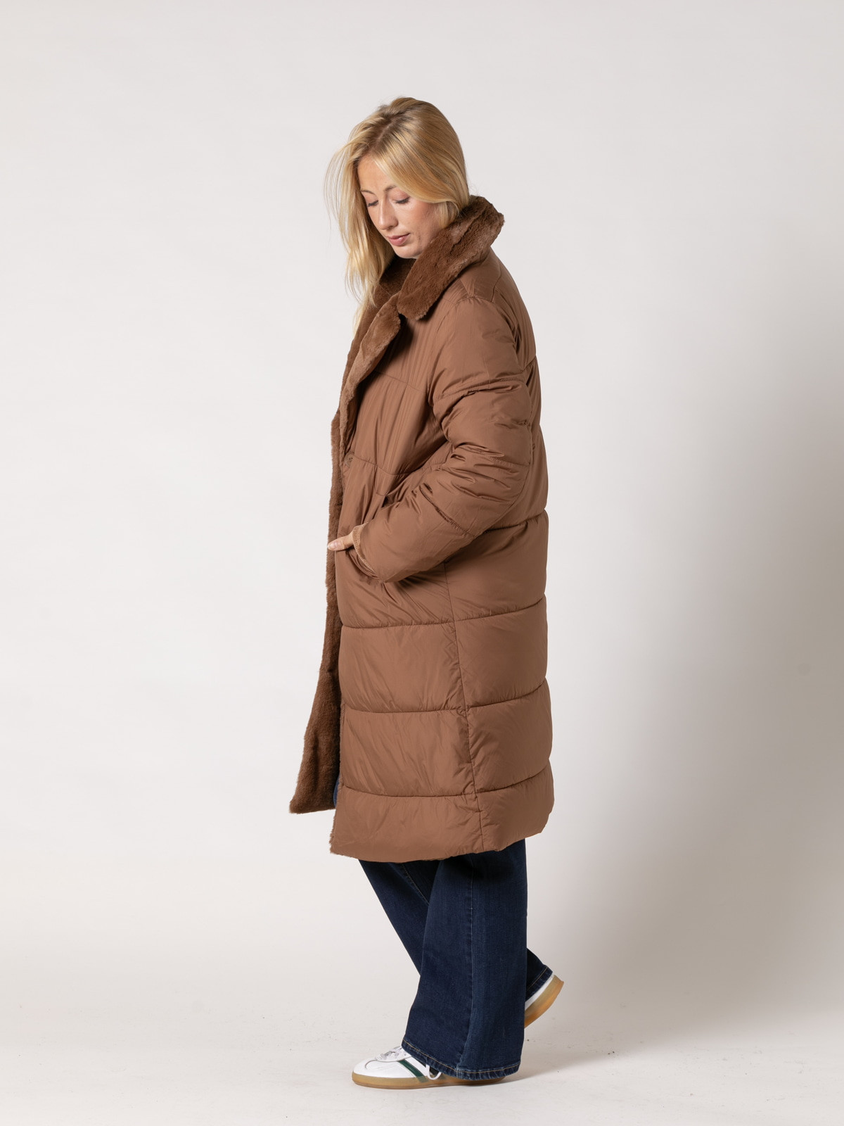 Reversible soft high textile fur padded coat  avellana colour