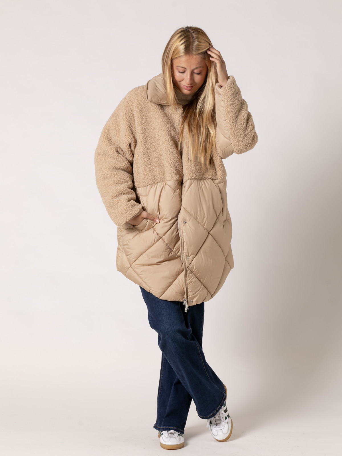 Padded hem teddy coat with pocket detail  Camel colour