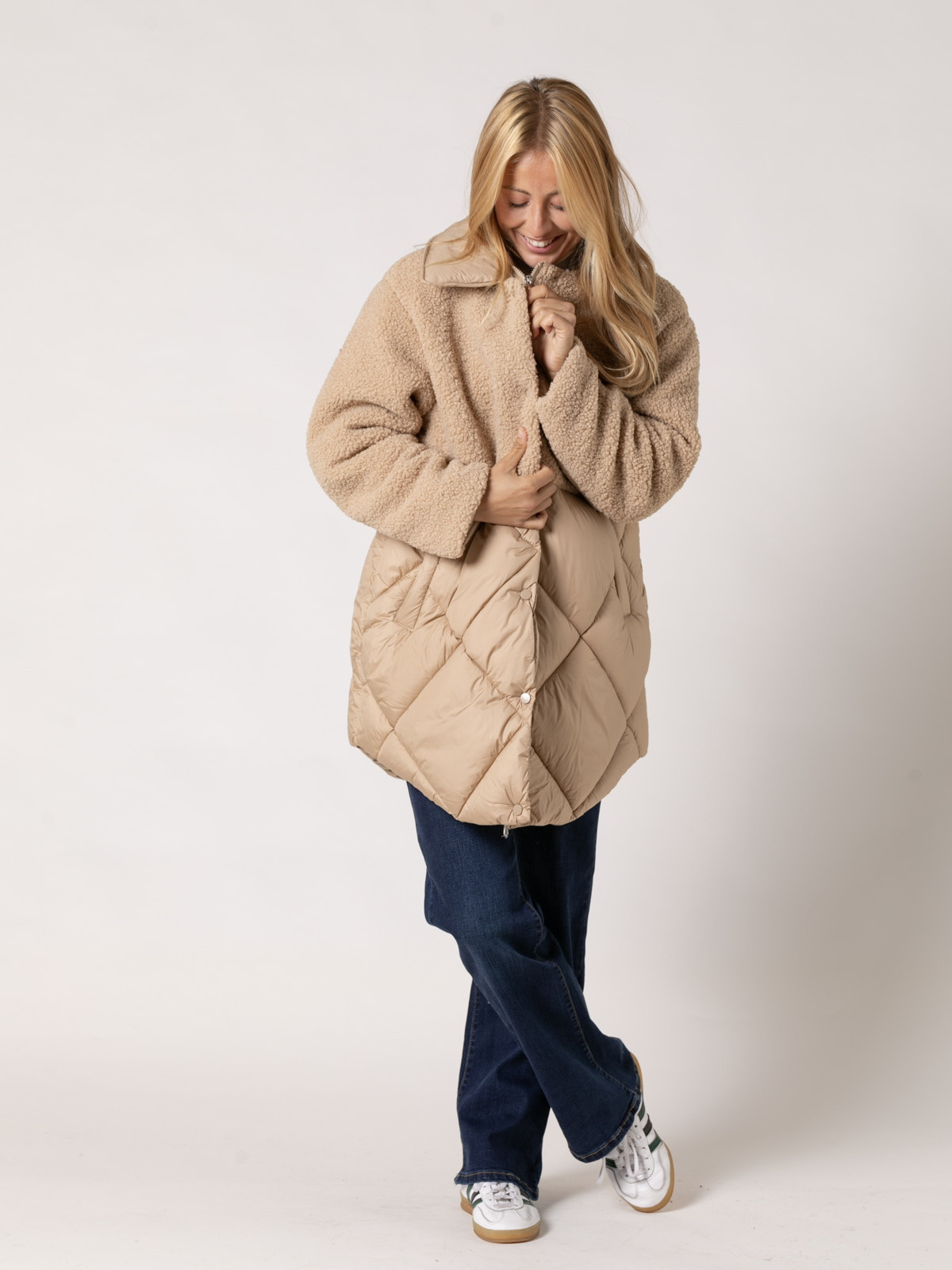 Padded hem teddy coat with pocket detail  Camel colour