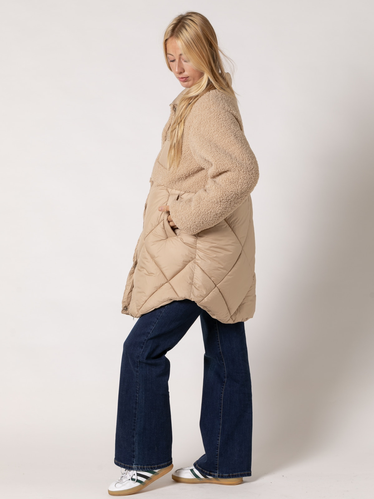 Padded hem teddy coat with pocket detail  Camel colour