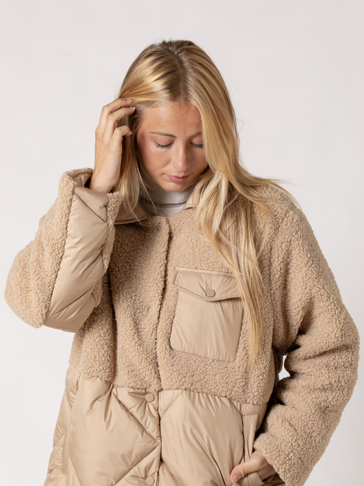 Padded hem teddy coat with pocket detail  Camel colour