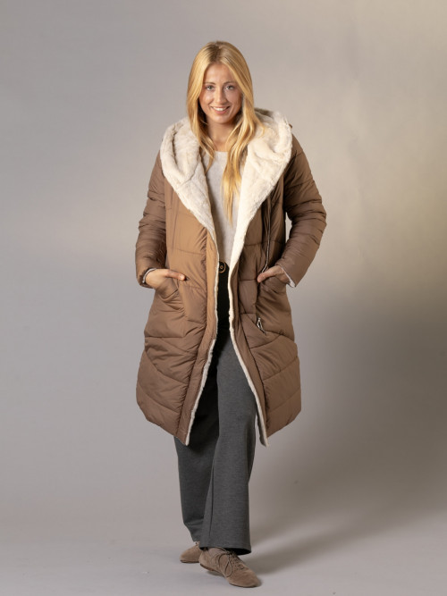 Reversible duster with high textile fur  Camel colour