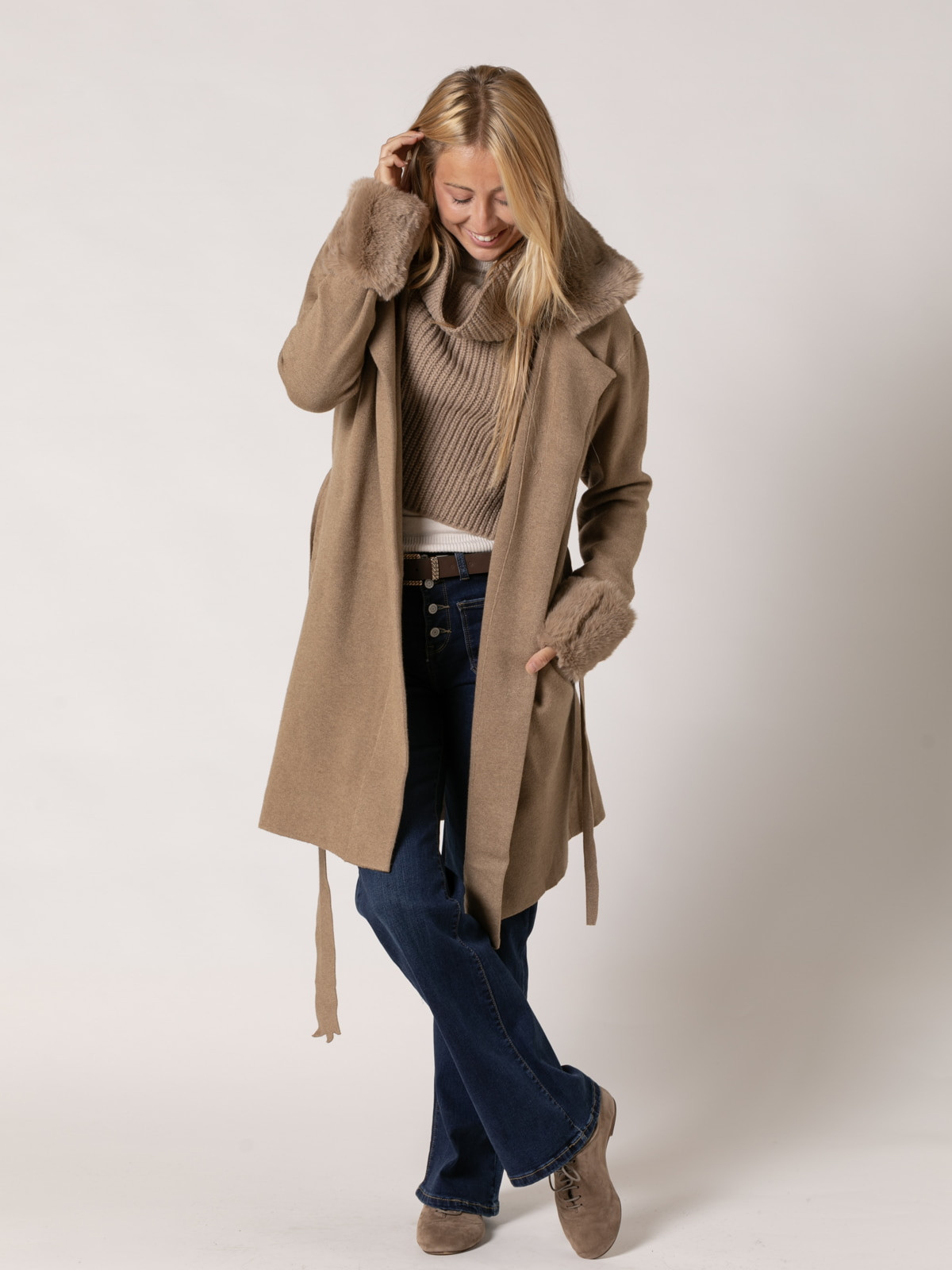 Long knitted jacket with collar and cuffs  Camel colour