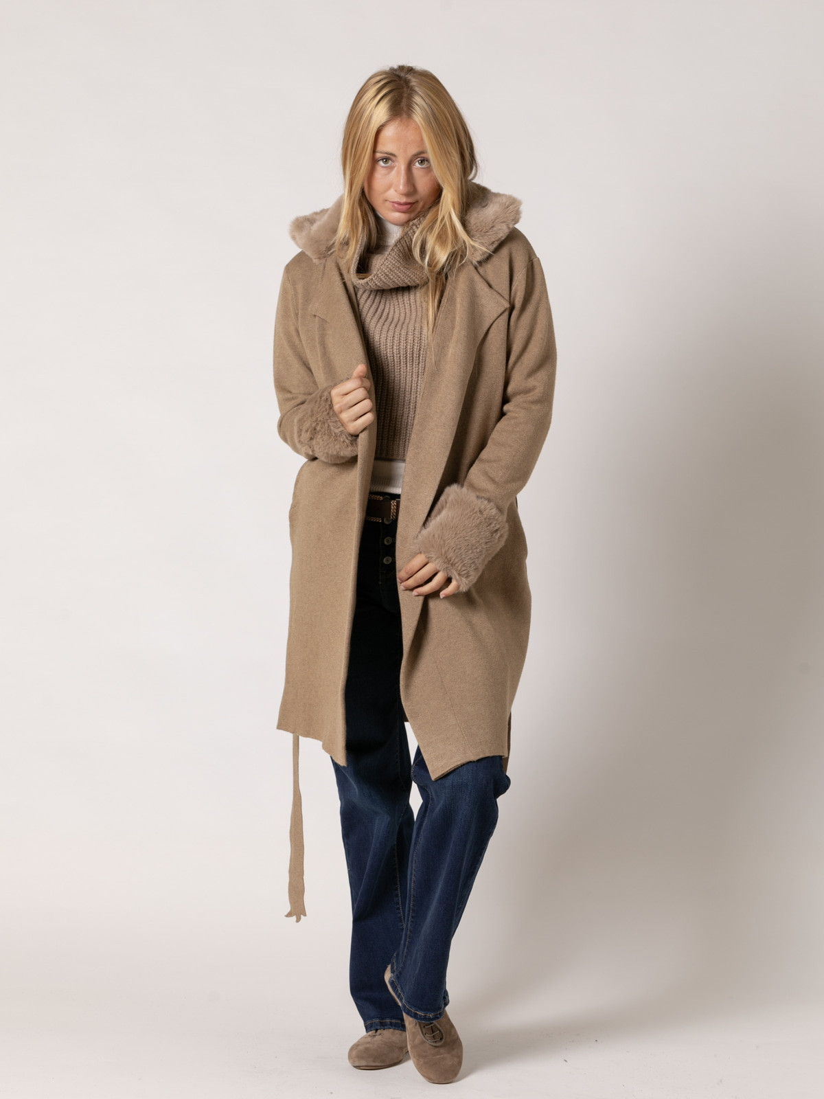 Long knitted jacket with collar and cuffs  Camel colour