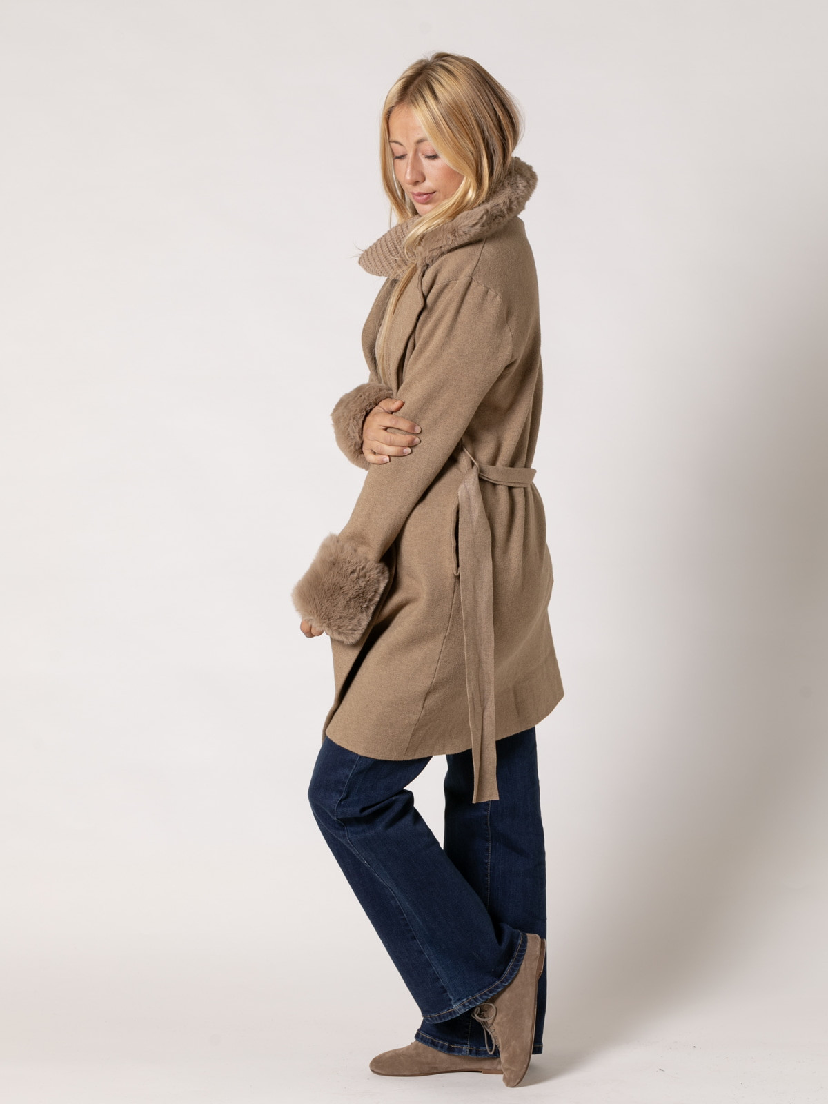 Long knitted jacket with collar and cuffs  Camel colour