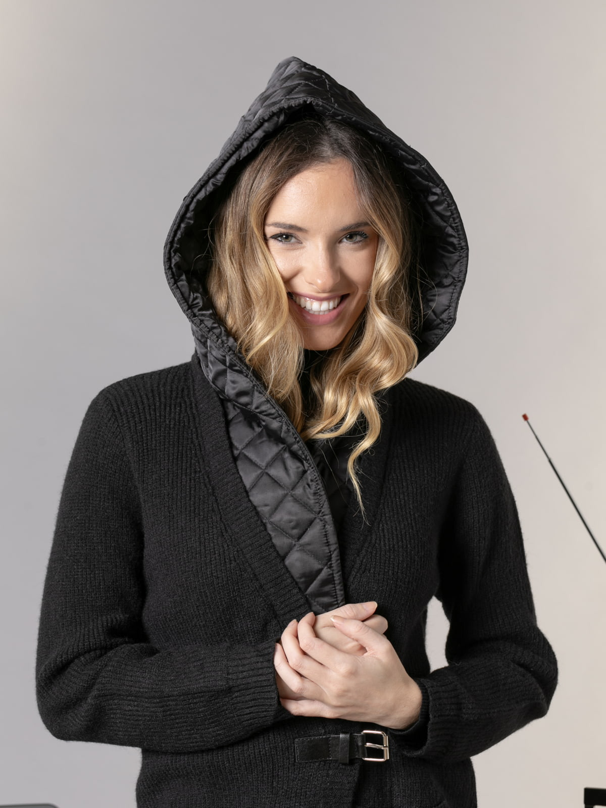 Knitted jacket with padded hood detail  Black colour