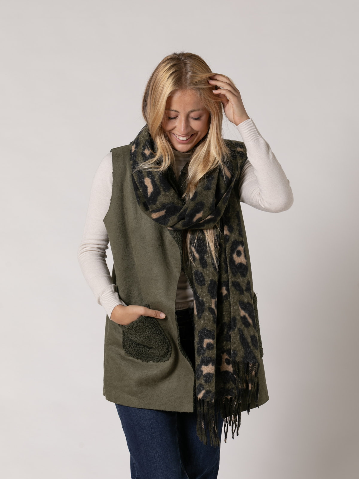 Soft animal print fringe scarf  Khaki colour