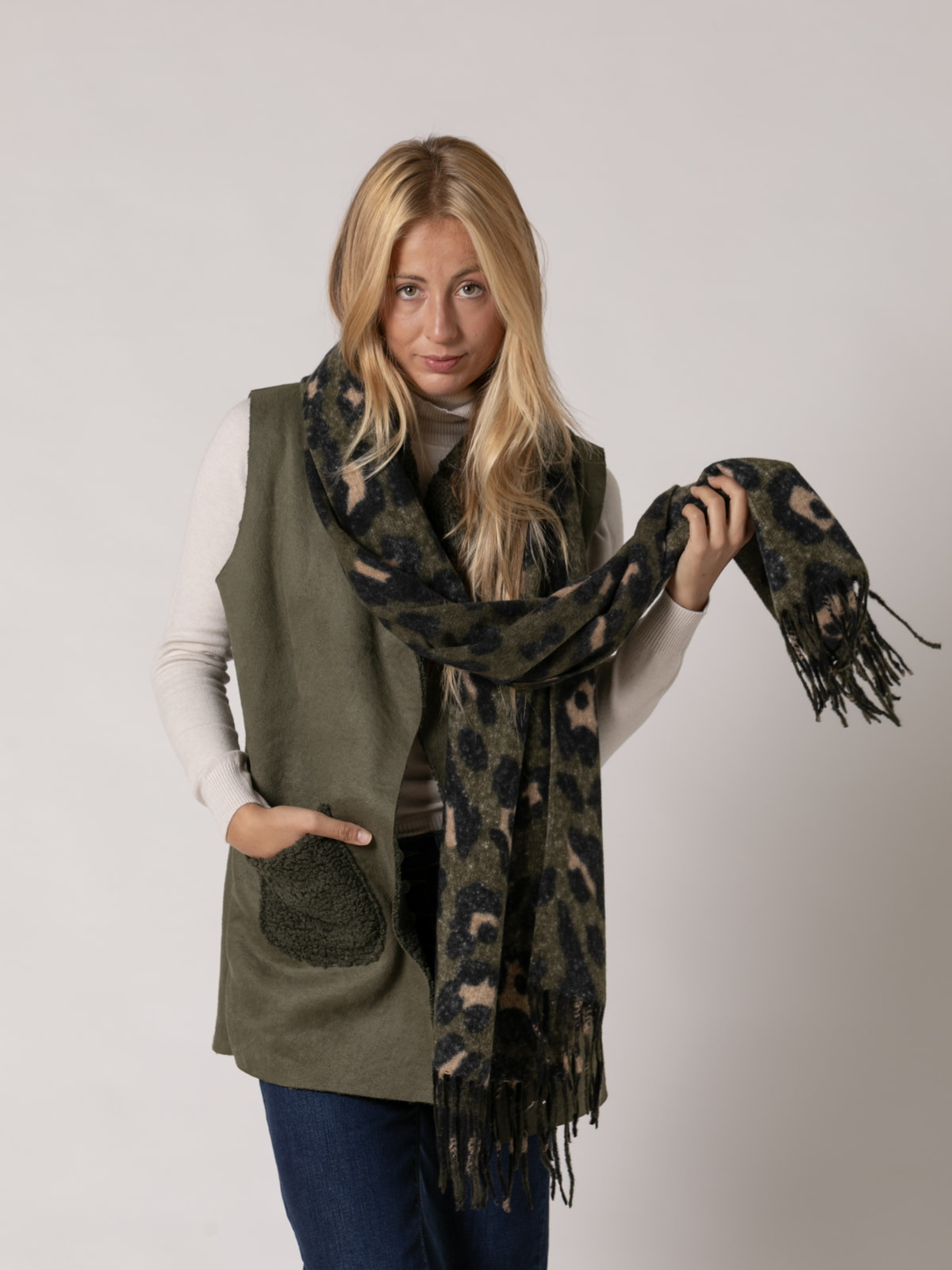 Soft animal print fringe scarf  Khaki colour