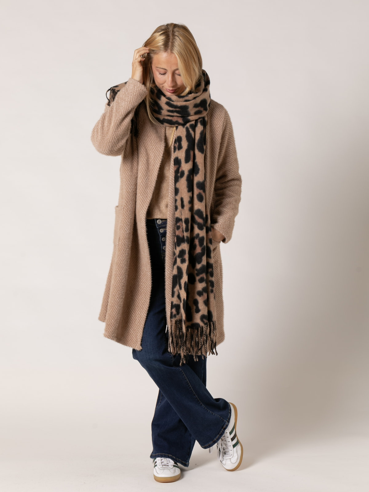 Soft animal print fringe scarf  Camel colour