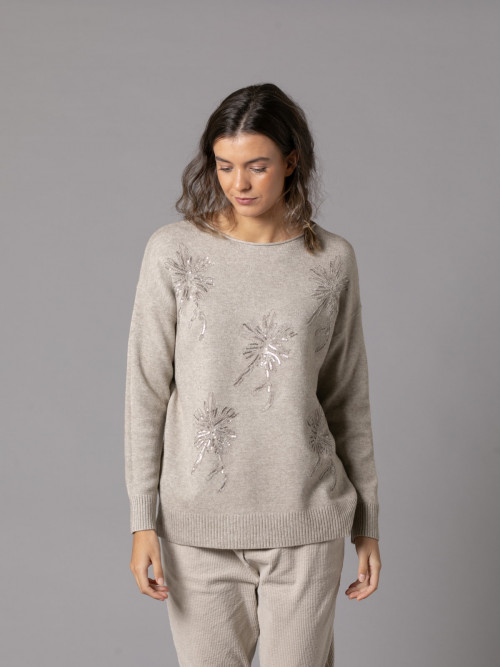 Trendy embroidered soft sweater  Taupe colour