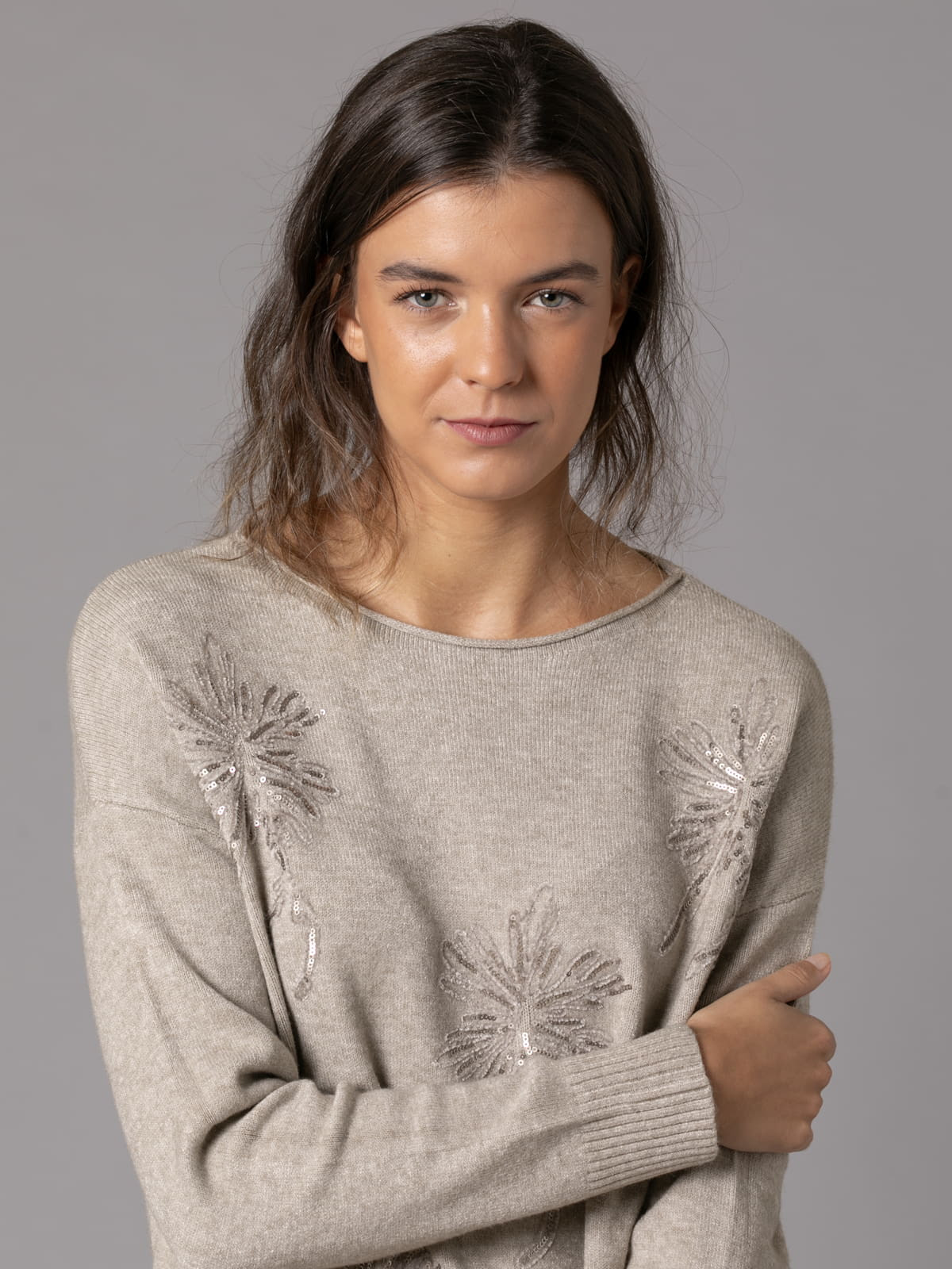 Trendy embroidered soft sweater  Taupe colour