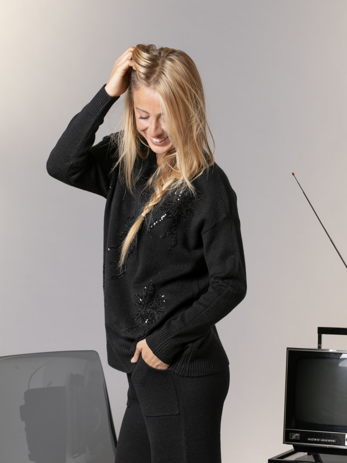 Trendy embroidered soft sweater  Black colour