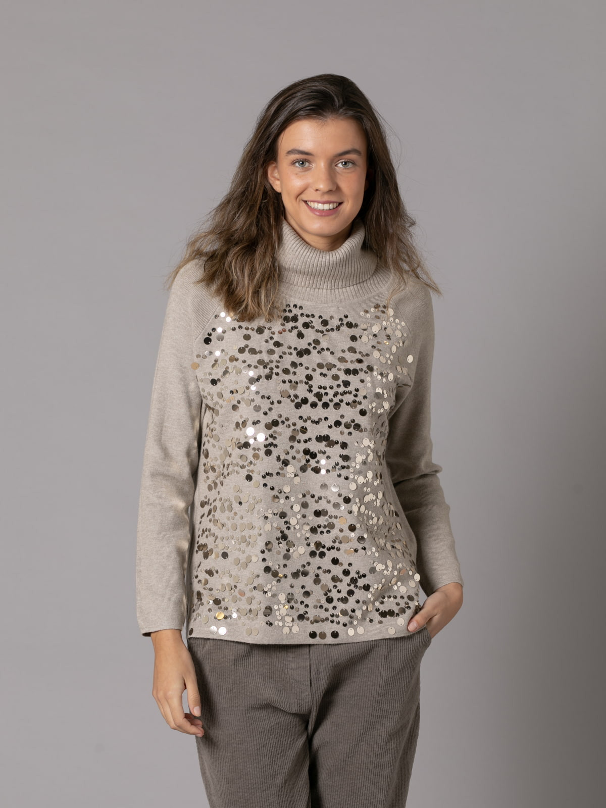 Soft sweater with party appliqués and back wrap  Taupe colour