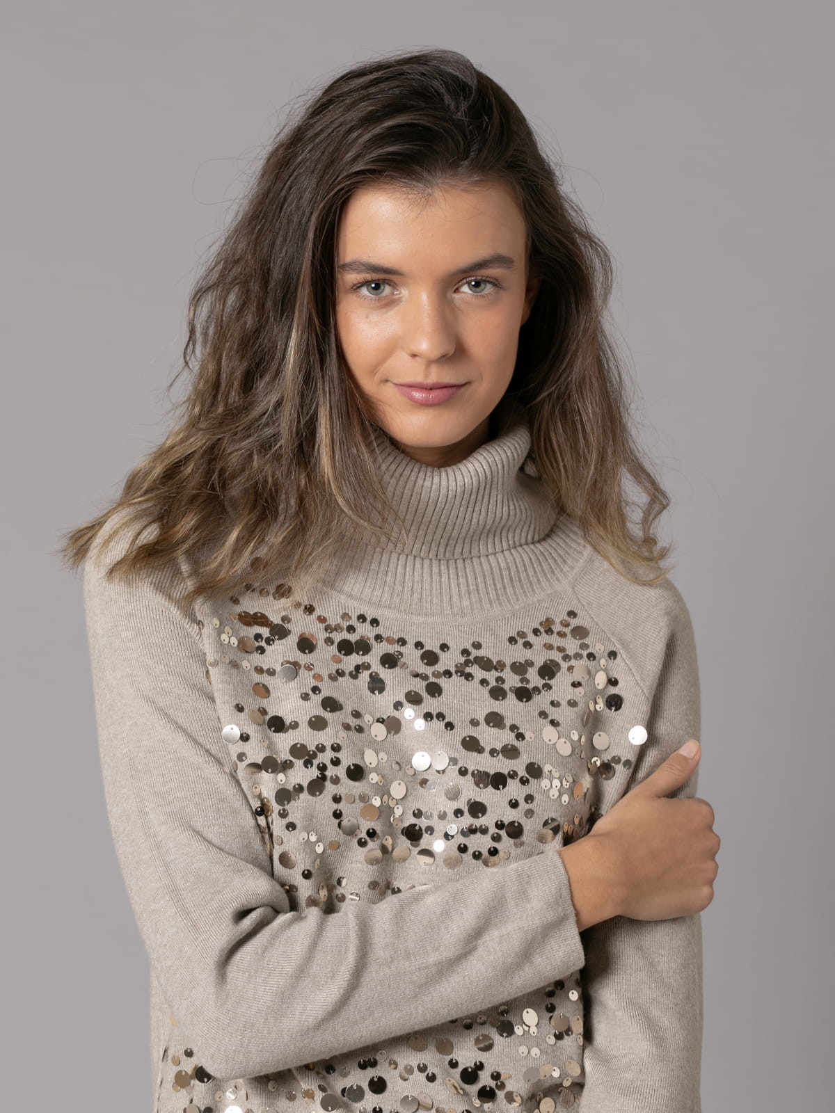 Soft sweater with party appliqués and back wrap  Taupe colour