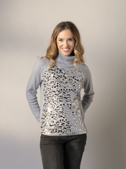 Soft sweater with party appliqués and back wrap  Grey colour