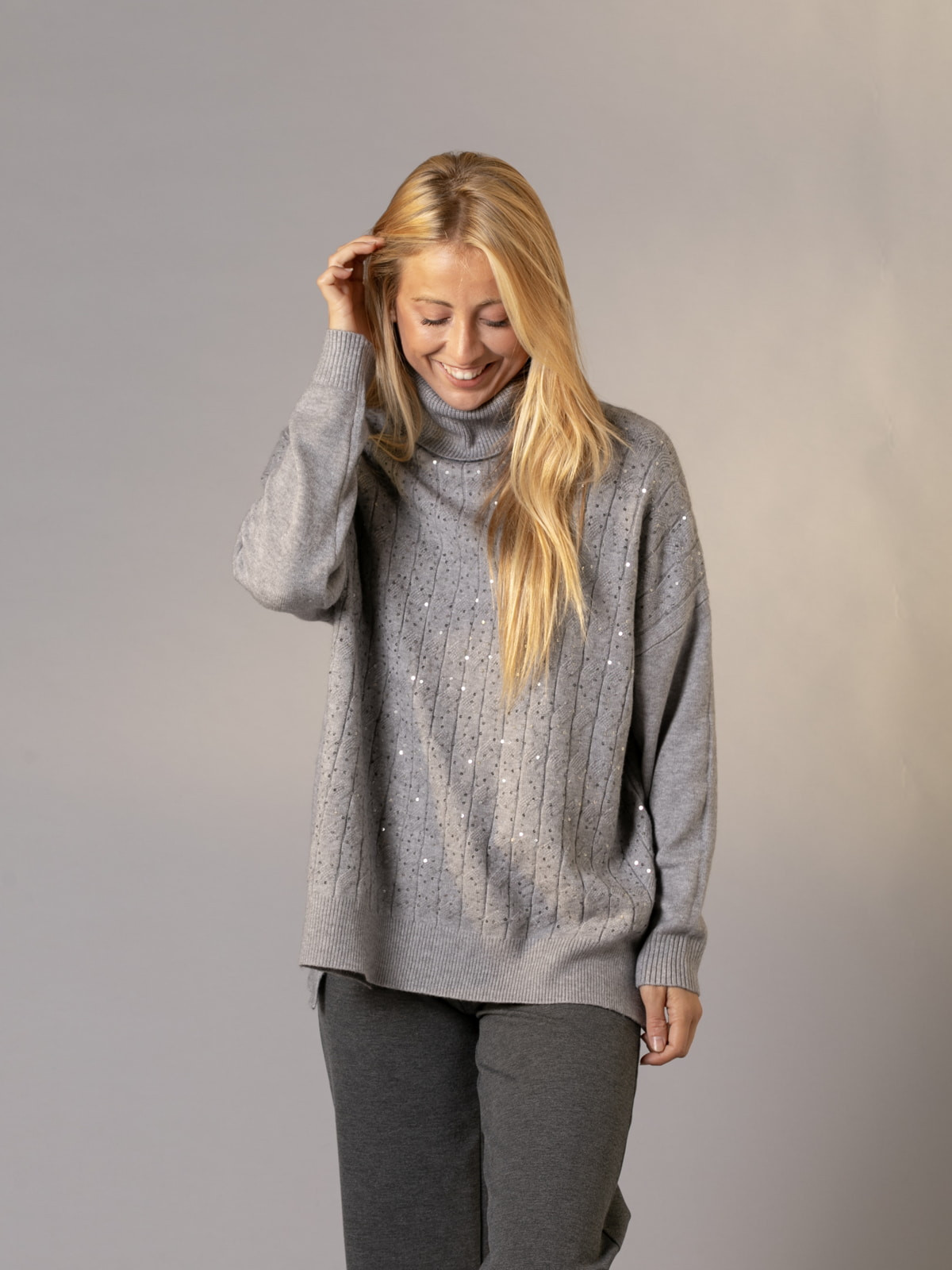 Soft sweater with paillette detail and cuffs  Grey colour