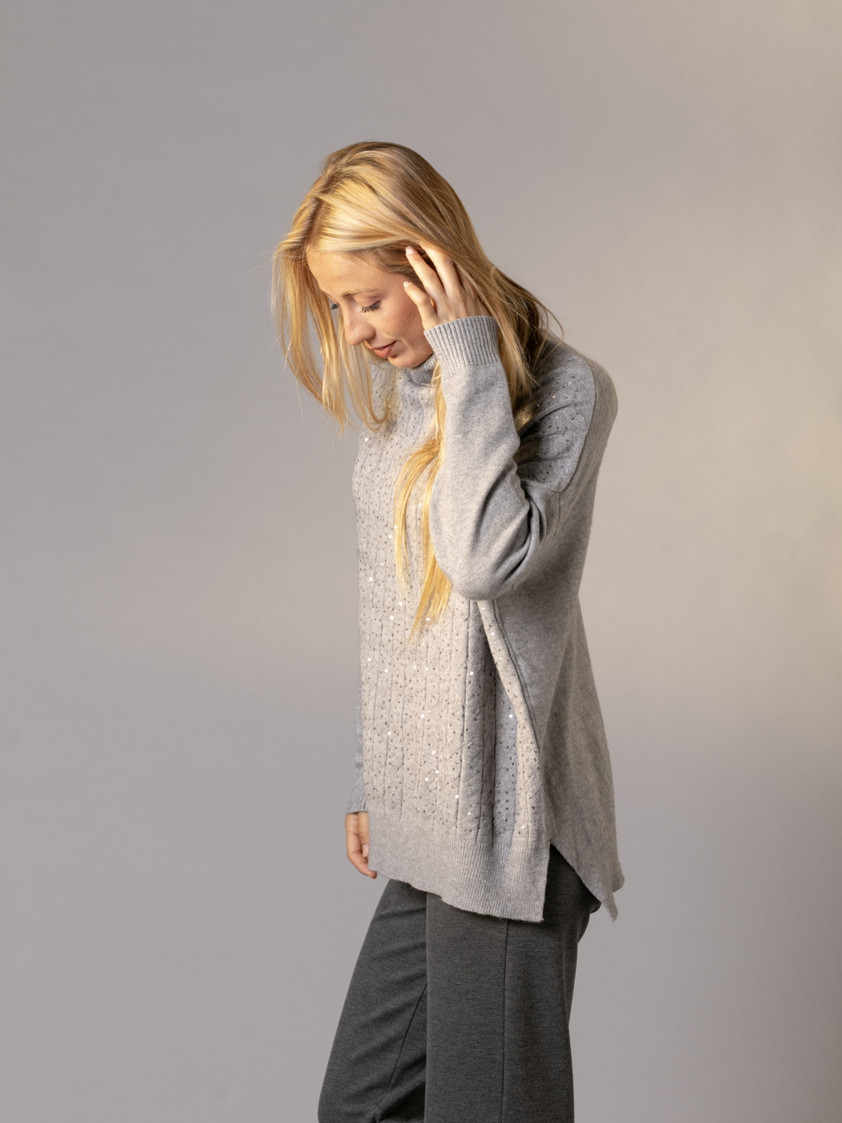 Soft sweater with paillette detail and cuffs  Grey colour