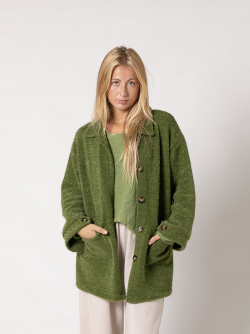 Soft fur jacket with buttons and pockets  Green colour