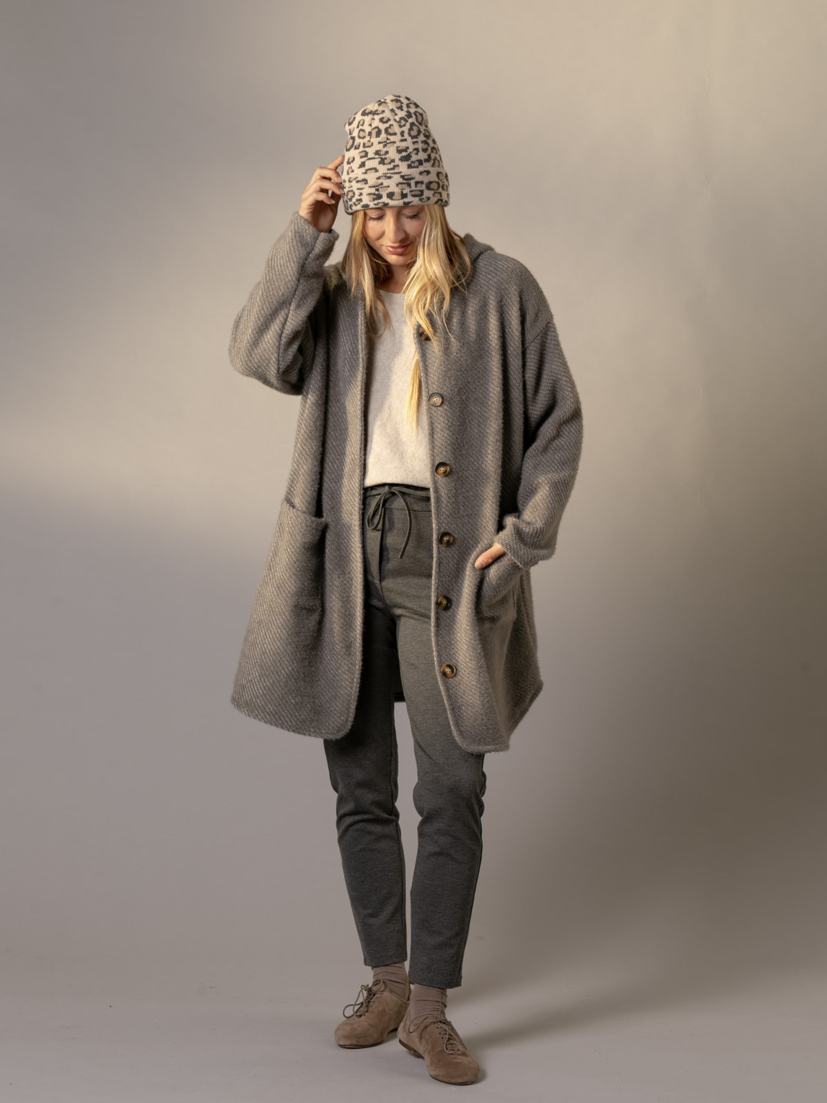 oversized soft coat with patch pockets  Grey colour