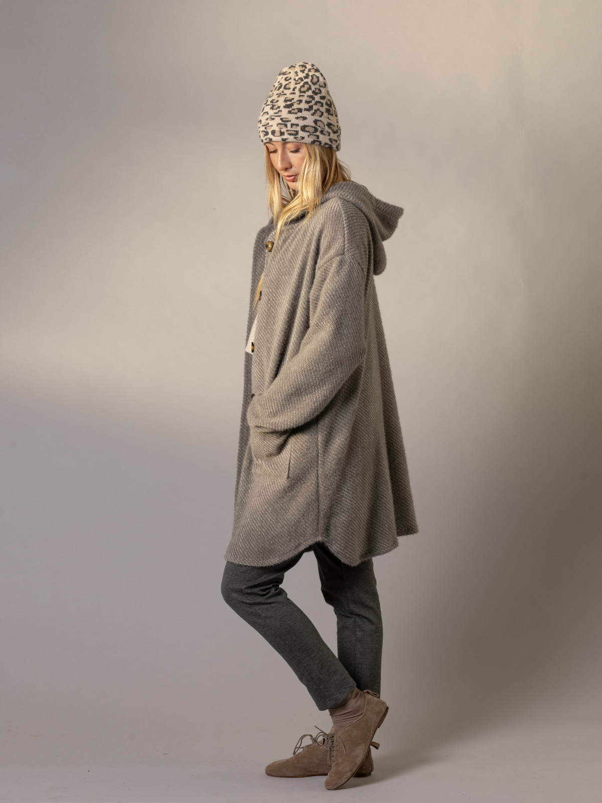 oversized soft coat with patch pockets  Grey colour