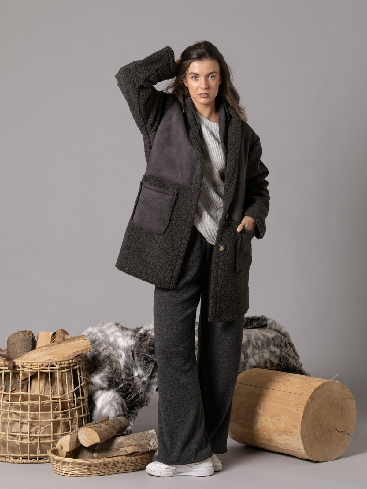 Double-sided teddy coat  Grey Dark colour