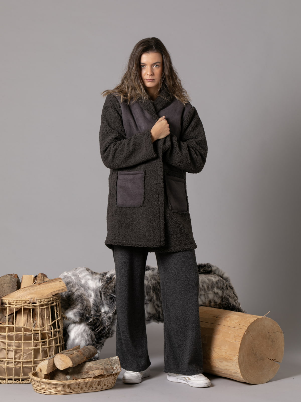 Double-sided teddy coat  Grey Dark colour