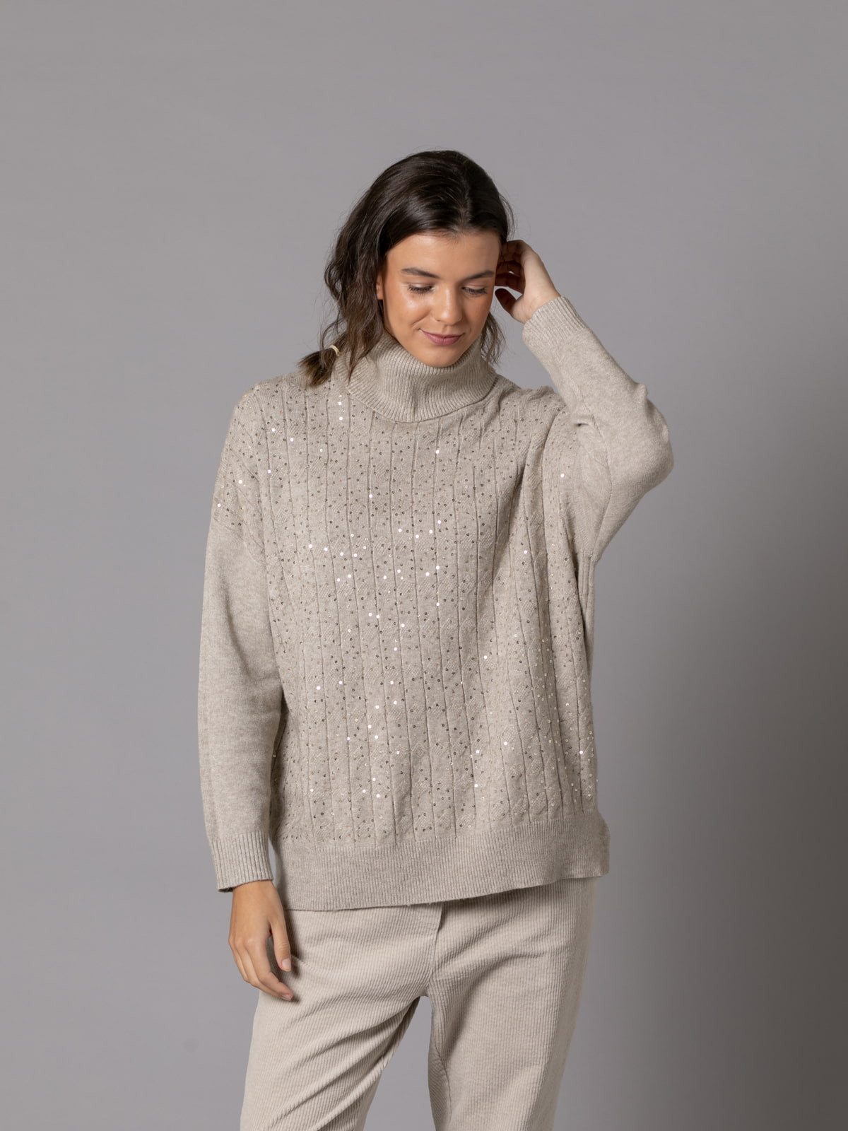 Soft sweater with paillette detail and cuffs  Taupe colour