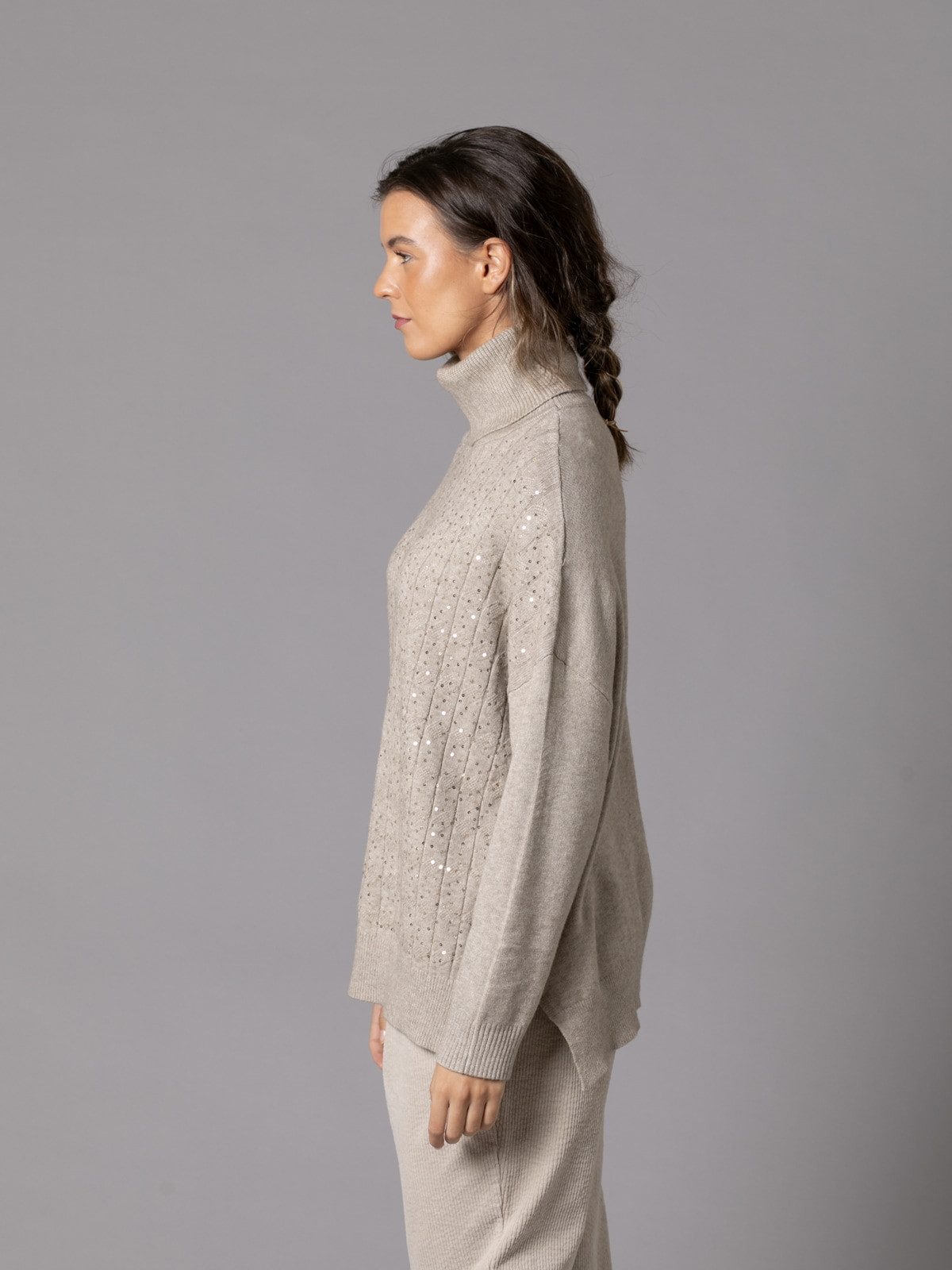 Soft sweater with paillette detail and cuffs  Taupe colour