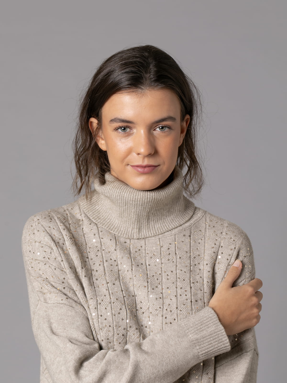 Soft sweater with paillette detail and cuffs  Taupe colour