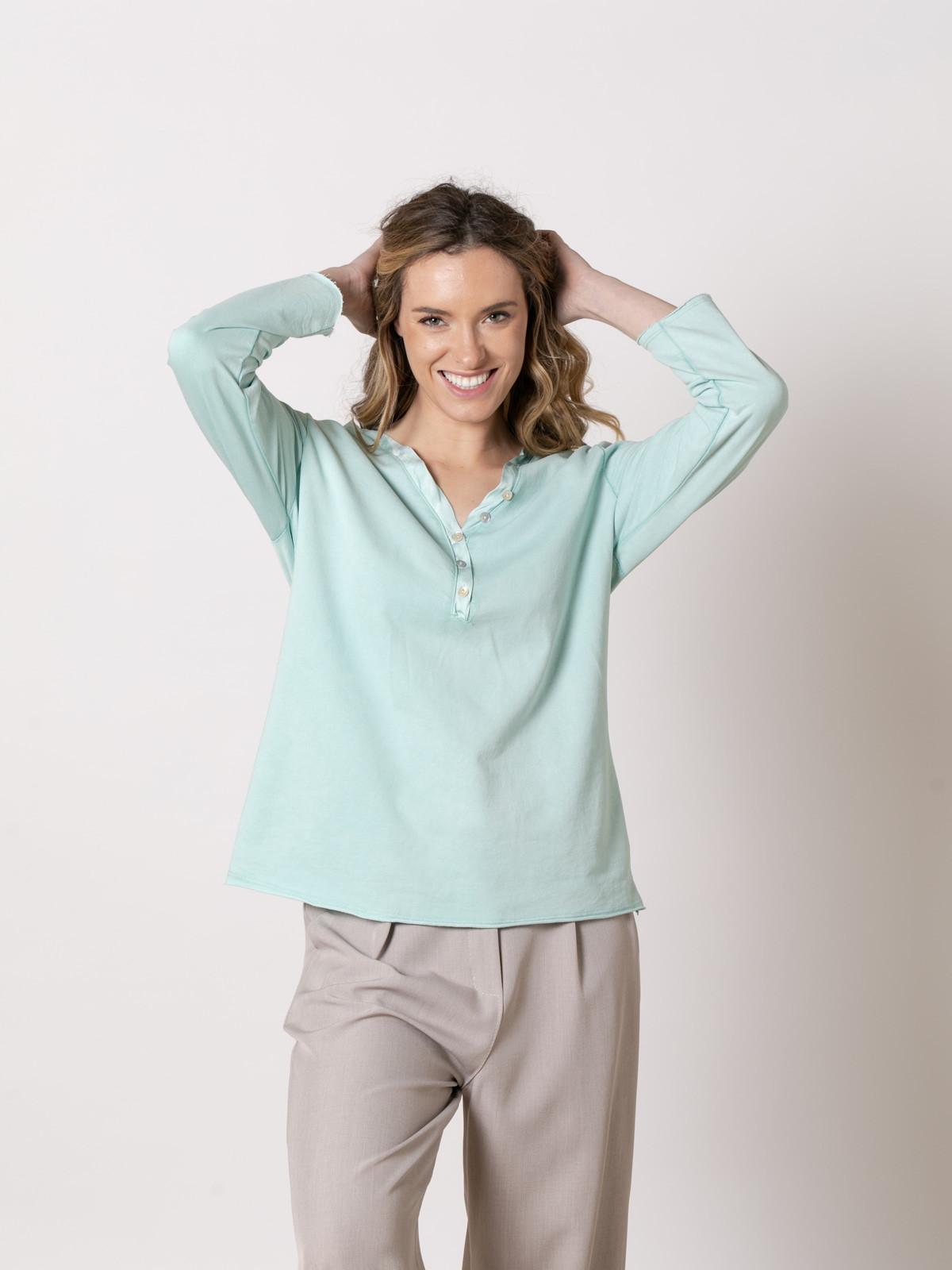 Fine fleece T-shirt with neckline detail  mint colour