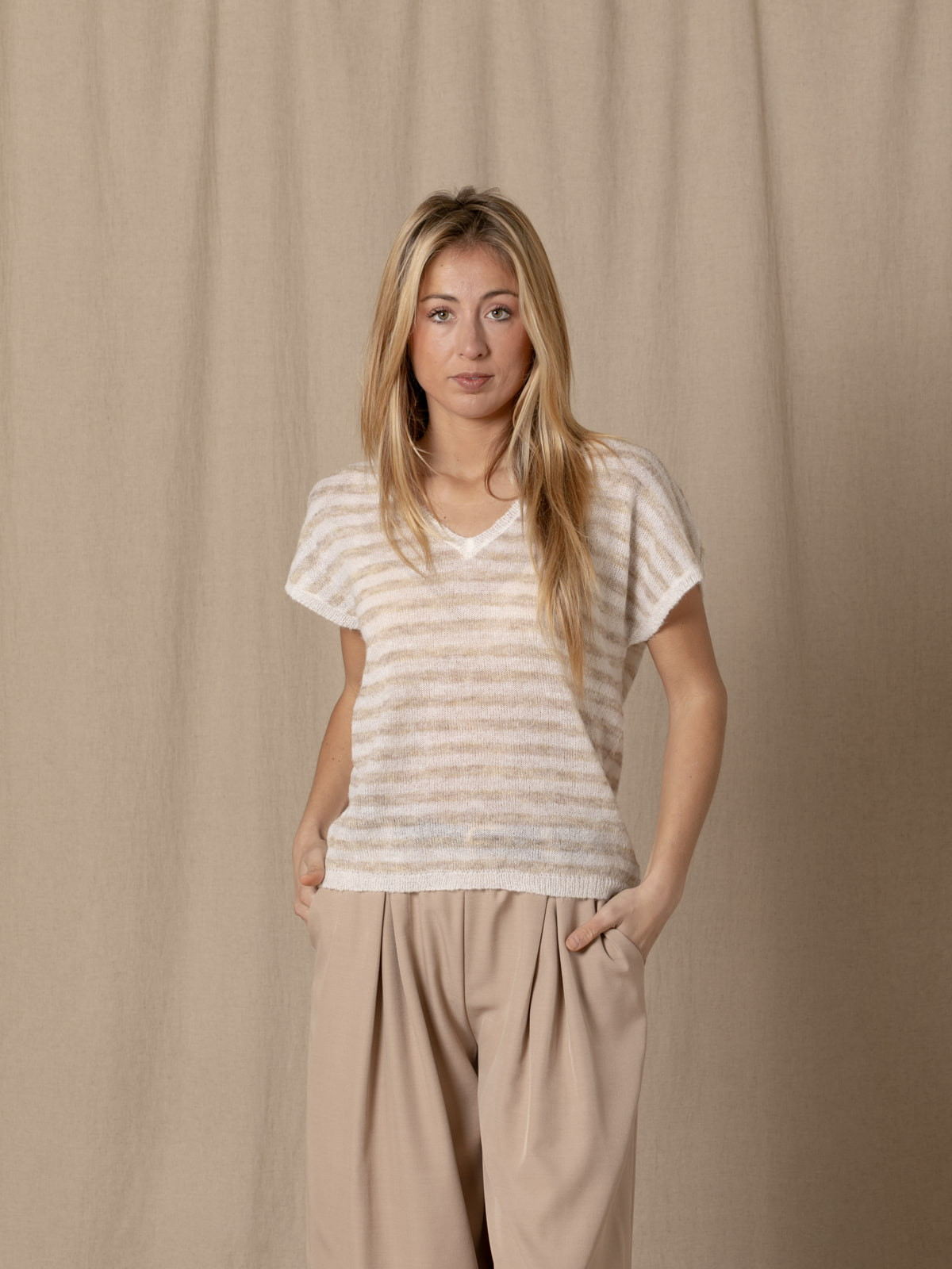 Soft striped jersey with V-neck  Beige colour