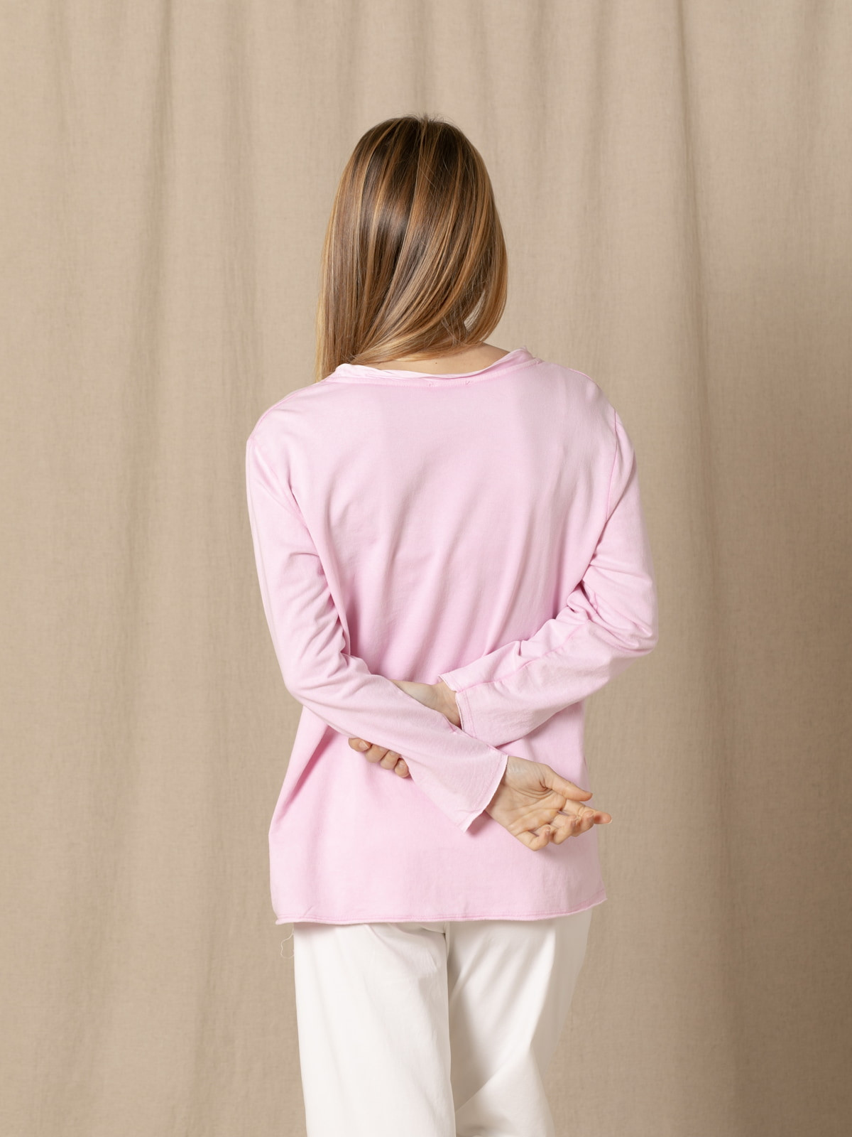 Fine fleece T-shirt with neckline detail  Pink colour