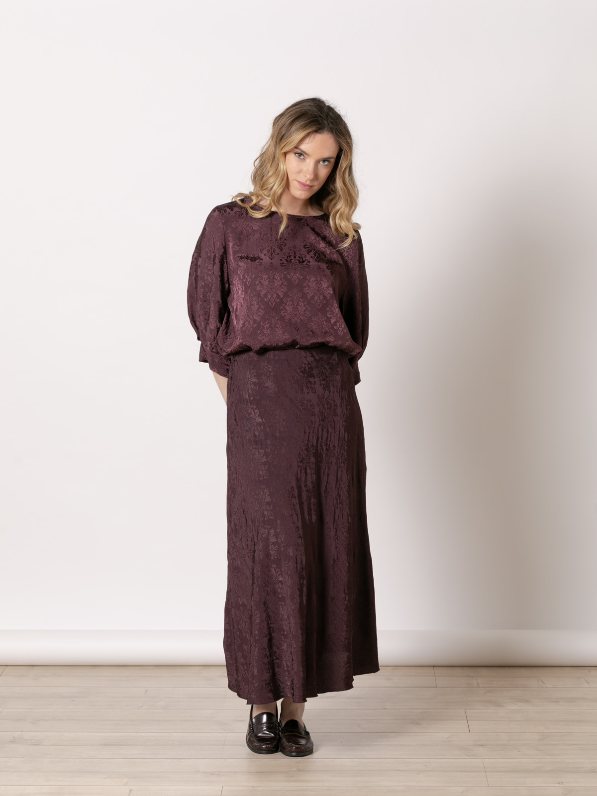 Long flowing skirt with matching embroidery  Bordeaux colour