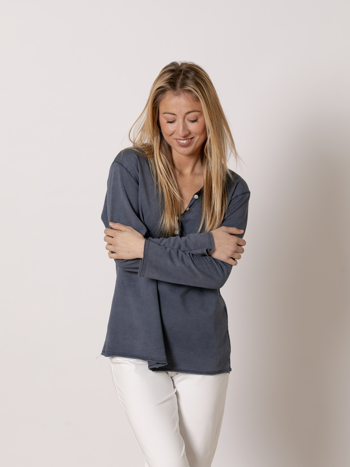 Fine fleece T-shirt with neckline detail  Blue Jean colour