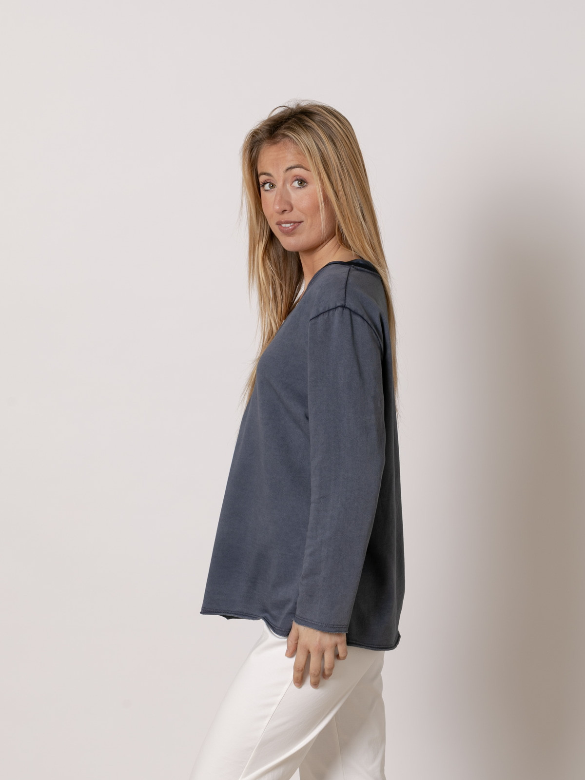 Fine fleece T-shirt with neckline detail  Blue Jean colour