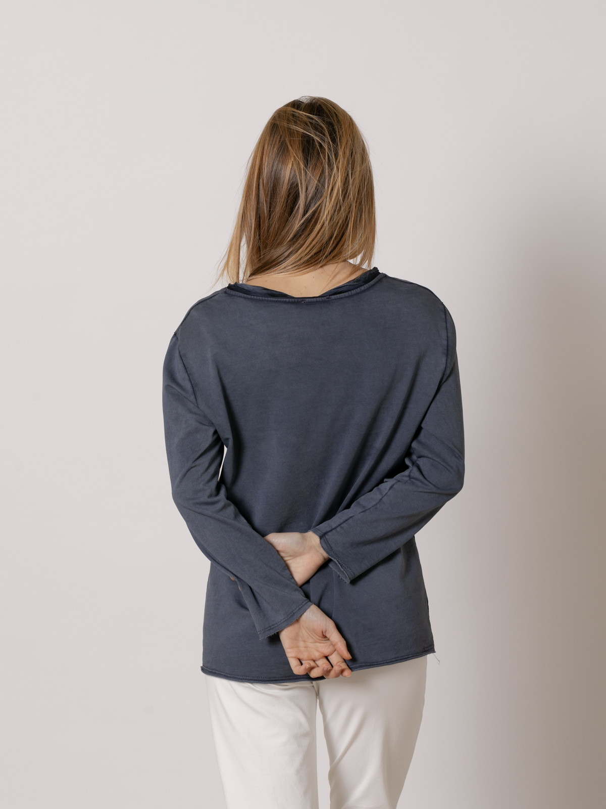 Fine fleece T-shirt with neckline detail  Blue Jean colour