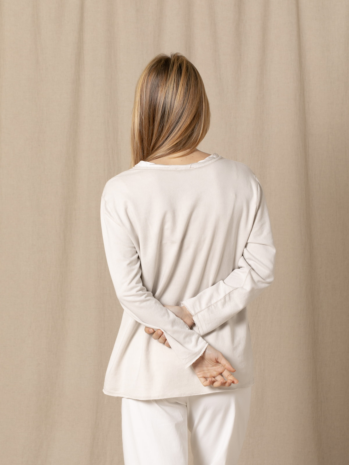 Fine fleece T-shirt with neckline detail  Beige colour