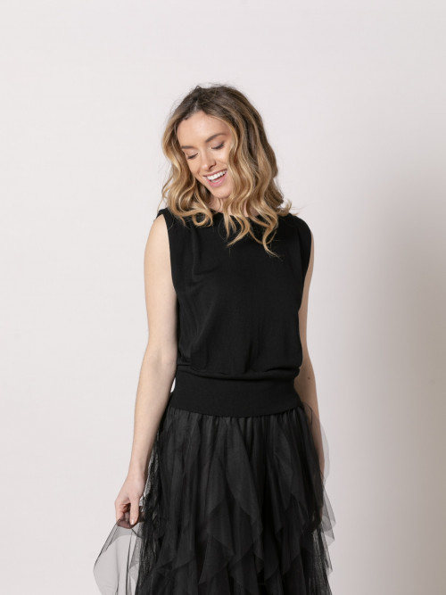 Pleated off shoulder knit top  Black colour