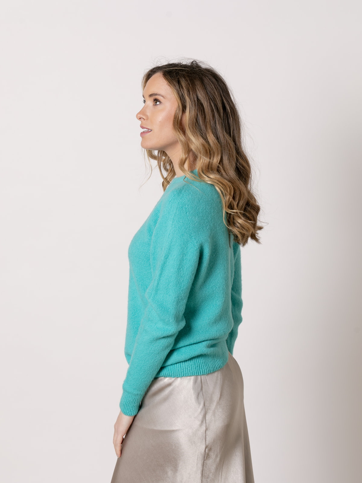 Spring alpaca sweater with round  Turquoise colour