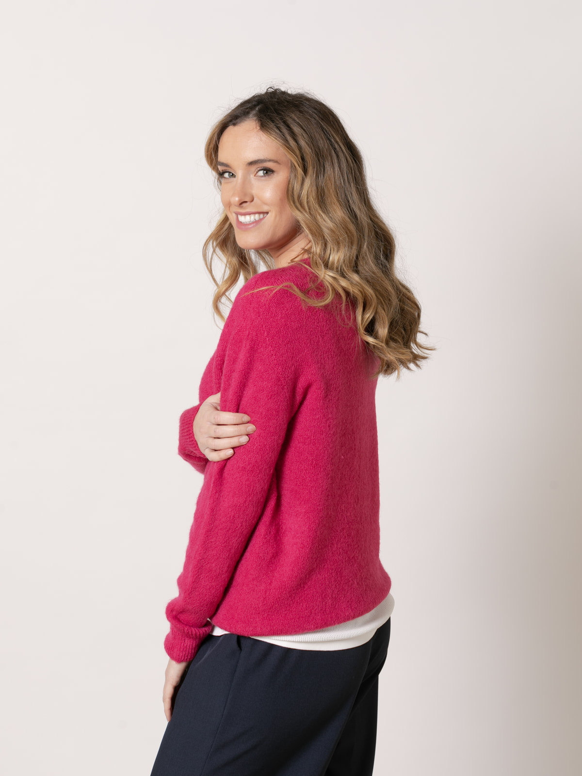 Spring alpaca sweater with round  Raspberry colour