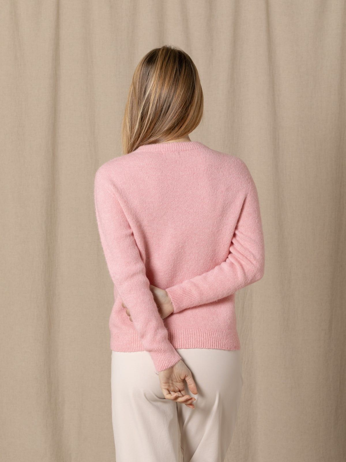 Spring alpaca sweater with round  Pink colour