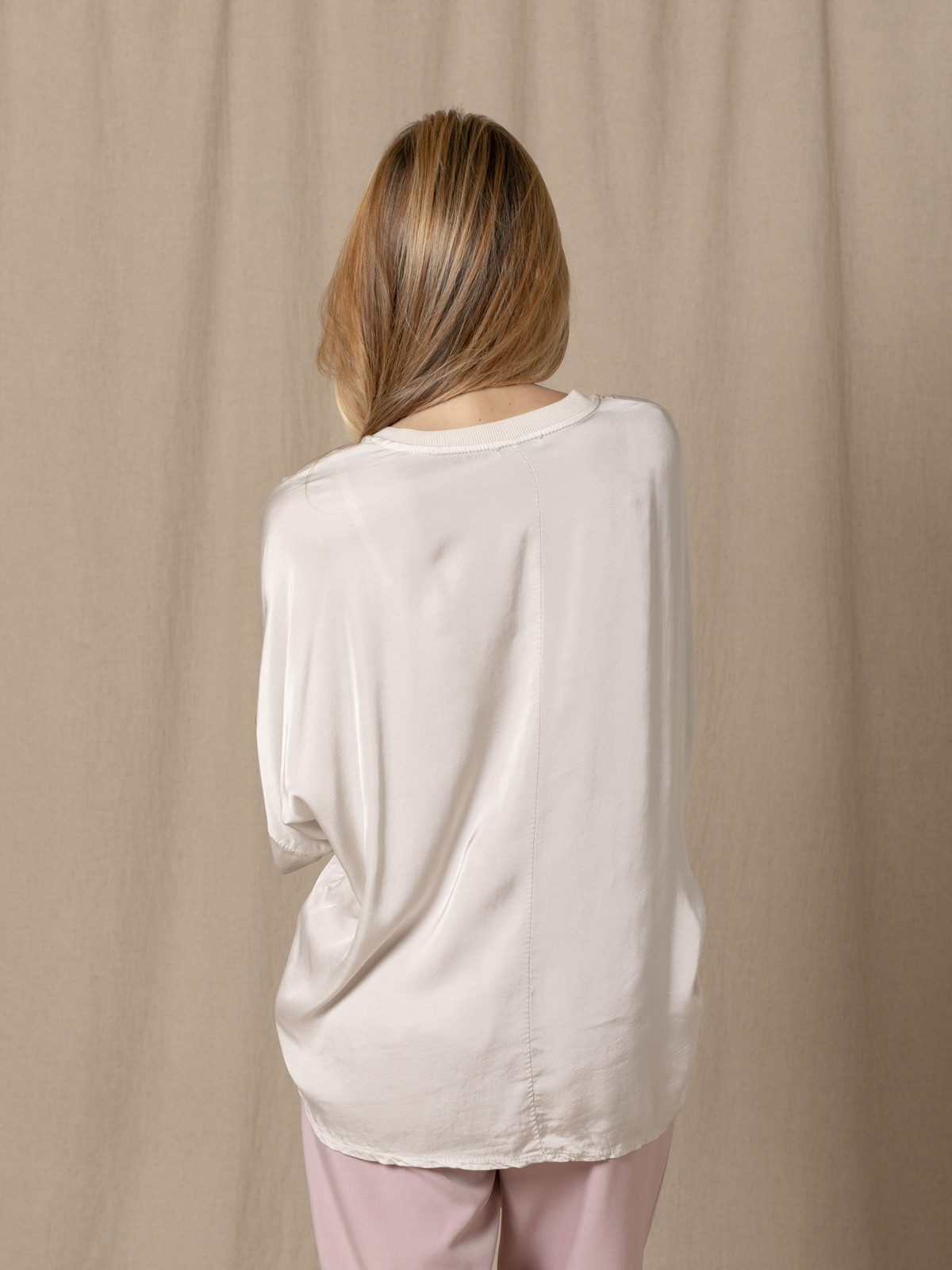 Flowing V-neckline shirt in viscose satin  Beige colour