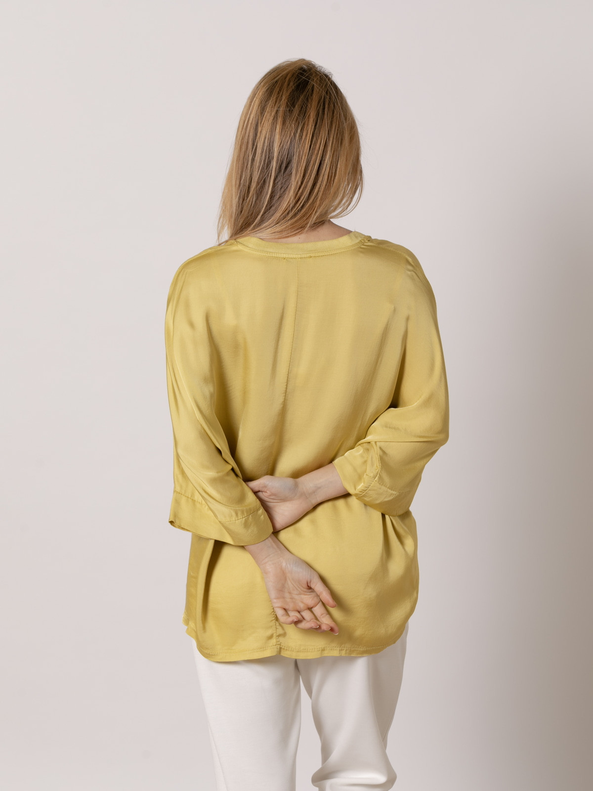 Flowing V-neckline shirt in viscose satin  Amarillo colour